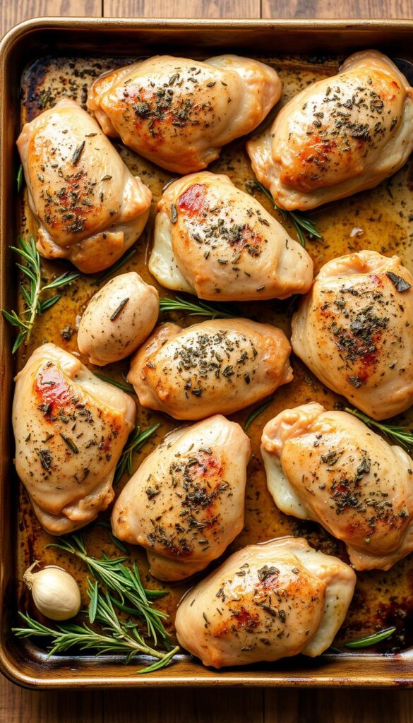 A sheet pan filled with juicy chicken thighs, coated in a flavorful blend of Italian herbs - rosemary, thyme, oregano, and garlic. The chicken is arranged in a visually appealing layout, with the skin glistening under the warm, natural lighting. The background features a rustic, wooden table or surface, adding to the homely, homemade atmosphere. The overall composition has a comforting, appetizing feel, capturing the essence of a simple, yet delicious Italian-inspired sheet pan dinner.