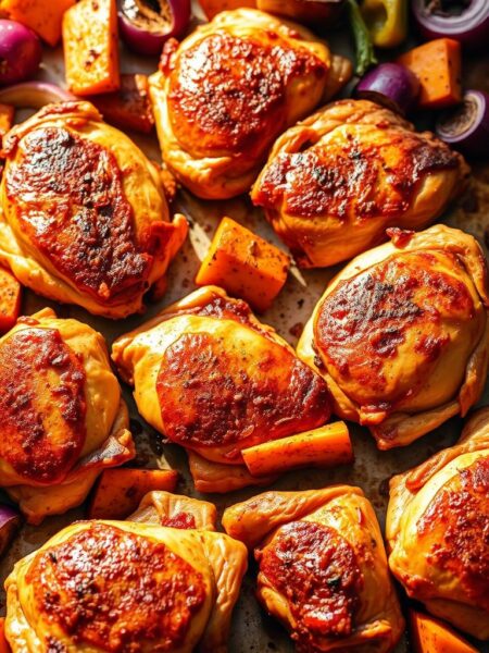 A sheet pan filled with juicy, crispy-skinned Cajun-spiced chicken thighs, arranged artfully against a backdrop of roasted sweet potatoes, red onions, and bell peppers. The chicken glistens under warm, directional lighting, casting dramatic shadows that accentuate the texture of the skin. The vegetables are caramelized at the edges, their vibrant colors and varied shapes creating visual interest. The overall scene conveys a sense of rustic, flavorful abundance, perfectly capturing the essence of an easy, one-pan Cajun chicken thigh dinner.