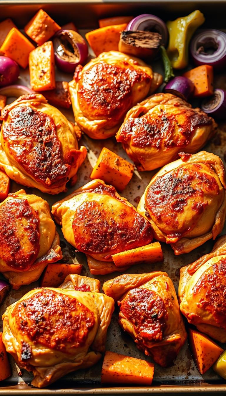 A sheet pan filled with juicy, crispy-skinned Cajun-spiced chicken thighs, arranged artfully against a backdrop of roasted sweet potatoes, red onions, and bell peppers. The chicken glistens under warm, directional lighting, casting dramatic shadows that accentuate the texture of the skin. The vegetables are caramelized at the edges, their vibrant colors and varied shapes creating visual interest. The overall scene conveys a sense of rustic, flavorful abundance, perfectly capturing the essence of an easy, one-pan Cajun chicken thigh dinner.