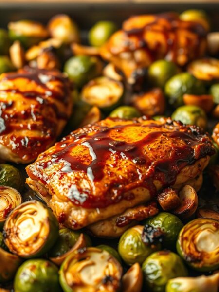 A sheet pan filled with juicy, golden-brown balsamic chicken thighs, crispy roasted brussels sprouts, and vibrant garlic cloves, illuminated by warm, natural lighting. Highlighted by a shallow depth of field, the foreground features the succulent chicken, its skin glistening with a sticky-sweet balsamic glaze. In the middle ground, the brussels sprouts are caramelized at the edges, their vibrant green hues complemented by the earthy tones of the roasted garlic. The background is blurred, creating a cozy, intimate atmosphere, with hints of a rustic wooden table or surface visible. The overall scene evokes a sense of comfort, simplicity, and the delicious aromas of a homemade, sheet pan dinner.