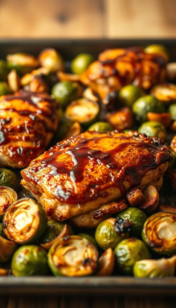 A sheet pan filled with juicy, golden-brown balsamic chicken thighs, crispy roasted brussels sprouts, and vibrant garlic cloves, illuminated by warm, natural lighting. Highlighted by a shallow depth of field, the foreground features the succulent chicken, its skin glistening with a sticky-sweet balsamic glaze. In the middle ground, the brussels sprouts are caramelized at the edges, their vibrant green hues complemented by the earthy tones of the roasted garlic. The background is blurred, creating a cozy, intimate atmosphere, with hints of a rustic wooden table or surface visible. The overall scene evokes a sense of comfort, simplicity, and the delicious aromas of a homemade, sheet pan dinner.