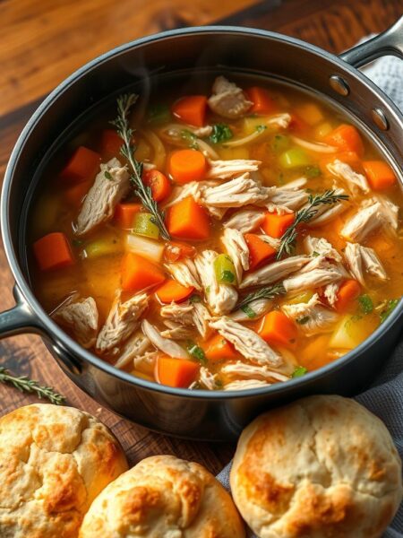 A simmering pot of shredded chicken soup on a wooden table, steam rising gently. Tender chunks of chicken, vibrant carrots, celery, and onions in a rich, flavorful broth. Sprigs of fresh thyme and parsley add earthy notes. Soft, fluffy homemade biscuits on the side, their golden tops glistening. Warm, inviting lighting casts a cozy glow, drawing the viewer in. Shot with a wide-angle lens to capture the full scene, highlighting the comforting, hearty nature of this chicken and vegetable soup.