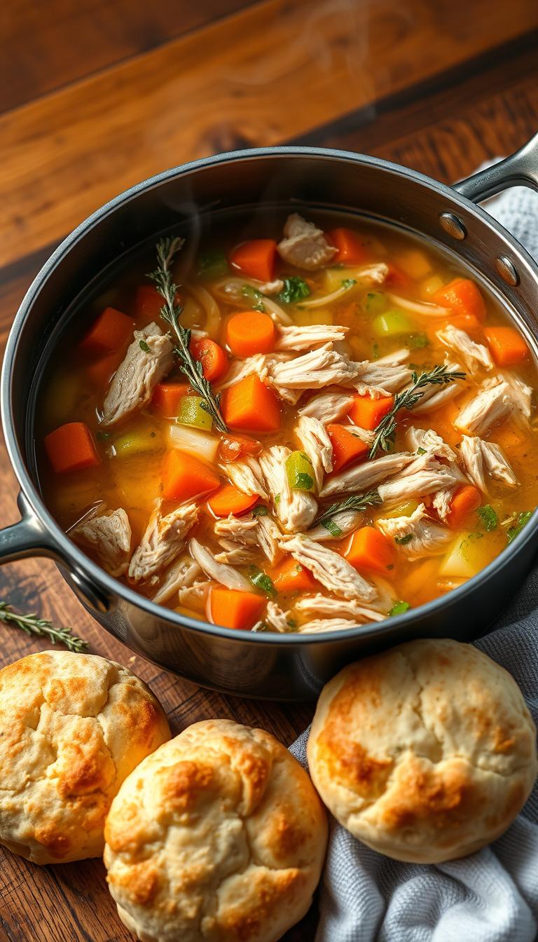A simmering pot of shredded chicken soup on a wooden table, steam rising gently. Tender chunks of chicken, vibrant carrots, celery, and onions in a rich, flavorful broth. Sprigs of fresh thyme and parsley add earthy notes. Soft, fluffy homemade biscuits on the side, their golden tops glistening. Warm, inviting lighting casts a cozy glow, drawing the viewer in. Shot with a wide-angle lens to capture the full scene, highlighting the comforting, hearty nature of this chicken and vegetable soup.