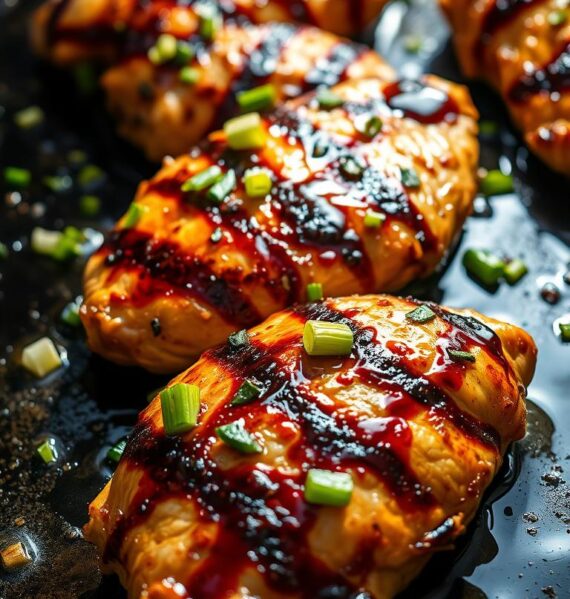 A sizzling griddle, perfectly seared chicken breasts glistening with a rich honey-balsamic glaze. Crisp charred edges give way to tender, juicy meat infused with the sweet-tart essence of balsamic vinegar and the floral notes of local honey. Herbs like rosemary and thyme add depth, while a scattering of chopped scallions and a squeeze of fresh lemon brighten the dish. Dramatic side lighting casts dramatic shadows, accentuating the caramelized surface of the chicken. The image is captured from a low angle, putting the viewer right at the table, ready to dig into this mouthwatering grilled chicken entree.