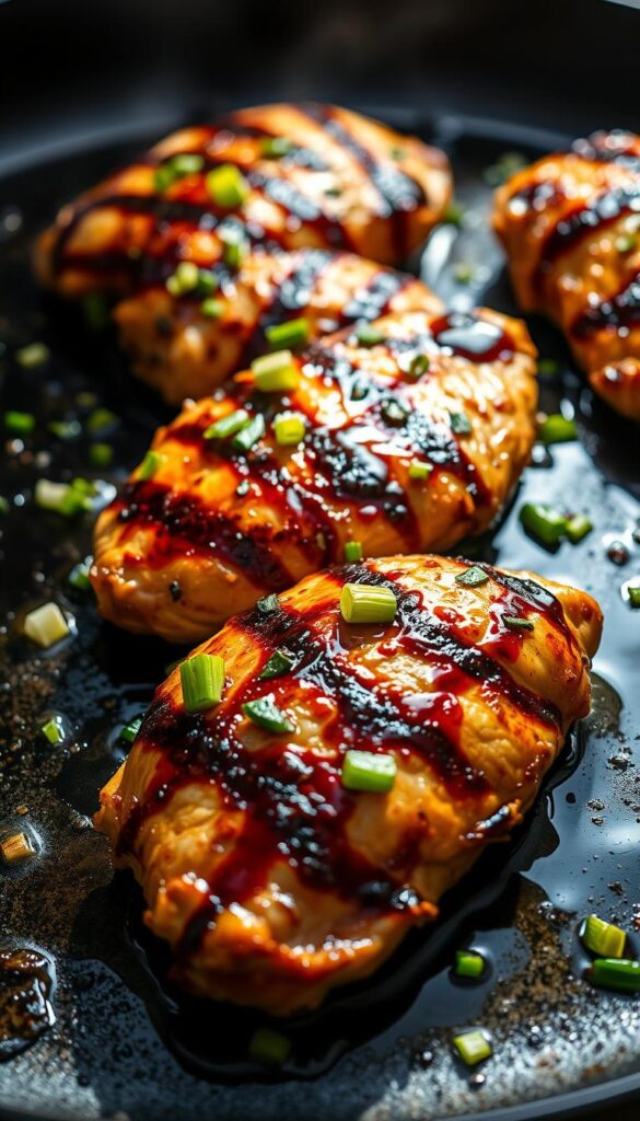 A sizzling griddle, perfectly seared chicken breasts glistening with a rich honey-balsamic glaze. Crisp charred edges give way to tender, juicy meat infused with the sweet-tart essence of balsamic vinegar and the floral notes of local honey. Herbs like rosemary and thyme add depth, while a scattering of chopped scallions and a squeeze of fresh lemon brighten the dish. Dramatic side lighting casts dramatic shadows, accentuating the caramelized surface of the chicken. The image is captured from a low angle, putting the viewer right at the table, ready to dig into this mouthwatering grilled chicken entree.