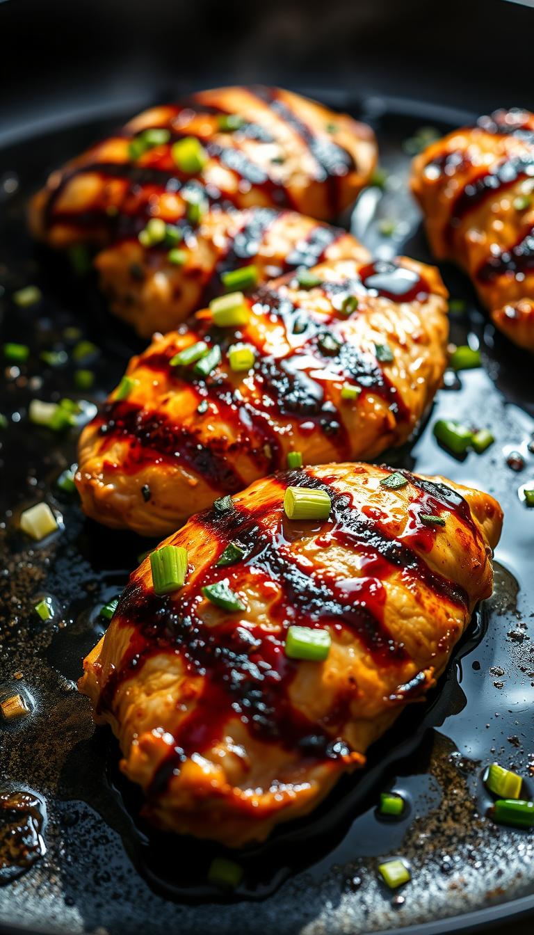 A sizzling griddle, perfectly seared chicken breasts glistening with a rich honey-balsamic glaze. Crisp charred edges give way to tender, juicy meat infused with the sweet-tart essence of balsamic vinegar and the floral notes of local honey. Herbs like rosemary and thyme add depth, while a scattering of chopped scallions and a squeeze of fresh lemon brighten the dish. Dramatic side lighting casts dramatic shadows, accentuating the caramelized surface of the chicken. The image is captured from a low angle, putting the viewer right at the table, ready to dig into this mouthwatering grilled chicken entree.