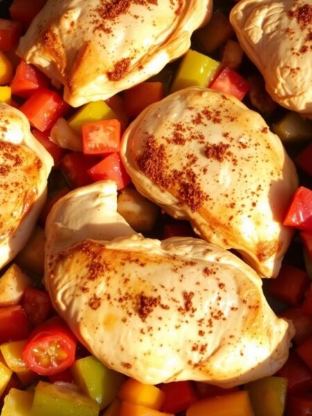 A sizzling skillet filled with juicy chicken thighs, vibrant peppers, and aromatic spices. The chicken is cooked to perfection, with a crisp golden-brown crust and tender, juicy interior. Sautéed bell peppers, onions, and diced tomatoes add a burst of southwestern flavor, while a sprinkle of chili powder, cumin, and oregano create a robust spice blend. The dish is illuminated by warm, natural lighting, casting shadows that accentuate the textures and layers of the ingredients. Presented in a sturdy cast-iron skillet, the scene evokes a rustic, homemade feel, inviting the viewer to imagine the delicious aroma and satisfying flavors of this southwest-inspired chicken skillet.