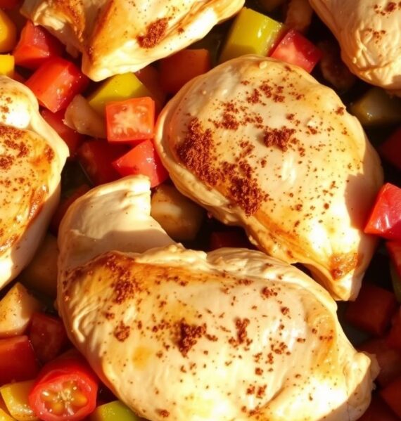 A sizzling skillet filled with juicy chicken thighs, vibrant peppers, and aromatic spices. The chicken is cooked to perfection, with a crisp golden-brown crust and tender, juicy interior. Sautéed bell peppers, onions, and diced tomatoes add a burst of southwestern flavor, while a sprinkle of chili powder, cumin, and oregano create a robust spice blend. The dish is illuminated by warm, natural lighting, casting shadows that accentuate the textures and layers of the ingredients. Presented in a sturdy cast-iron skillet, the scene evokes a rustic, homemade feel, inviting the viewer to imagine the delicious aroma and satisfying flavors of this southwest-inspired chicken skillet.