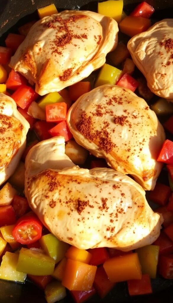 A sizzling skillet filled with juicy chicken thighs, vibrant peppers, and aromatic spices. The chicken is cooked to perfection, with a crisp golden-brown crust and tender, juicy interior. Sautéed bell peppers, onions, and diced tomatoes add a burst of southwestern flavor, while a sprinkle of chili powder, cumin, and oregano create a robust spice blend. The dish is illuminated by warm, natural lighting, casting shadows that accentuate the textures and layers of the ingredients. Presented in a sturdy cast-iron skillet, the scene evokes a rustic, homemade feel, inviting the viewer to imagine the delicious aroma and satisfying flavors of this southwest-inspired chicken skillet.