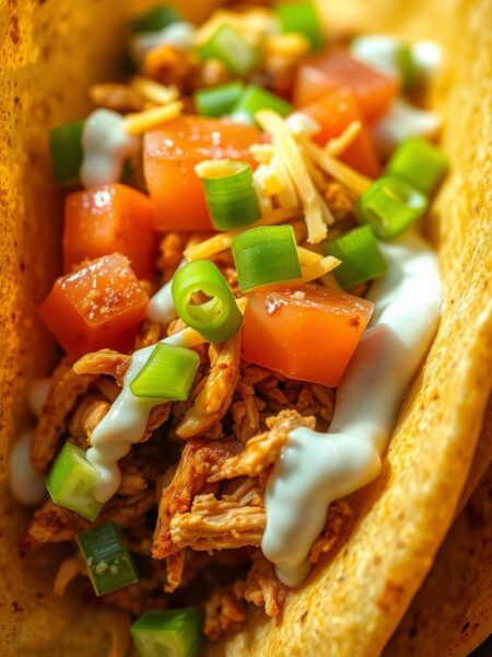 A spicy, shredded chicken taco nestled in a crisp, golden-brown tortilla shell. The chicken is coated in a lively blend of chili powder, cumin, garlic, and a drizzle of tangy ranch dressing. Vibrant green onions, diced tomatoes, and a generous sprinkle of grated cheddar cheese adorn the taco. Soft shadows cast a warm, inviting glow, highlighting the textures and flavors. Captured in a tight, close-up perspective, the taco appears temptingly fresh and appetizing, beckoning the viewer to take a delicious bite.