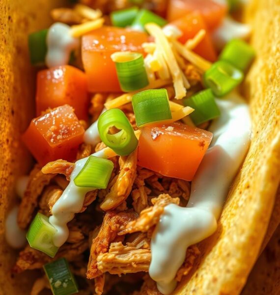 A spicy, shredded chicken taco nestled in a crisp, golden-brown tortilla shell. The chicken is coated in a lively blend of chili powder, cumin, garlic, and a drizzle of tangy ranch dressing. Vibrant green onions, diced tomatoes, and a generous sprinkle of grated cheddar cheese adorn the taco. Soft shadows cast a warm, inviting glow, highlighting the textures and flavors. Captured in a tight, close-up perspective, the taco appears temptingly fresh and appetizing, beckoning the viewer to take a delicious bite.