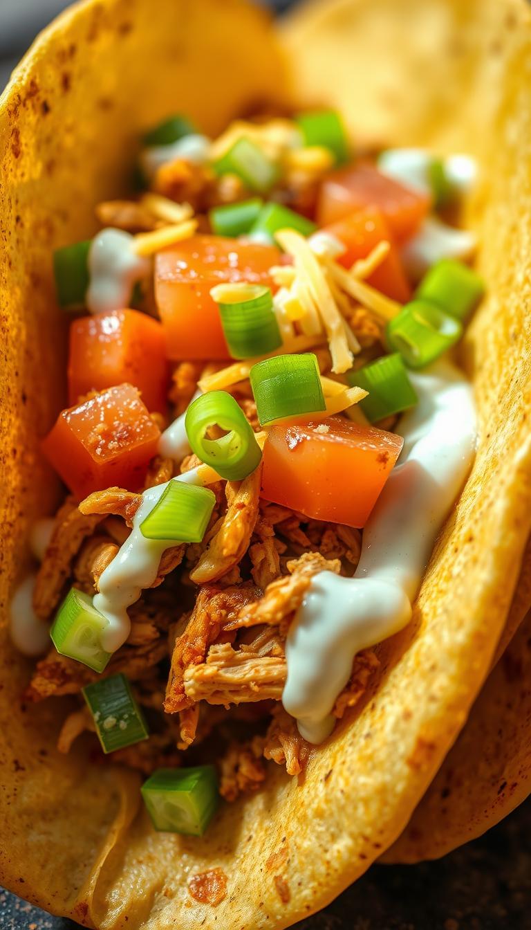 A spicy, shredded chicken taco nestled in a crisp, golden-brown tortilla shell. The chicken is coated in a lively blend of chili powder, cumin, garlic, and a drizzle of tangy ranch dressing. Vibrant green onions, diced tomatoes, and a generous sprinkle of grated cheddar cheese adorn the taco. Soft shadows cast a warm, inviting glow, highlighting the textures and flavors. Captured in a tight, close-up perspective, the taco appears temptingly fresh and appetizing, beckoning the viewer to take a delicious bite.