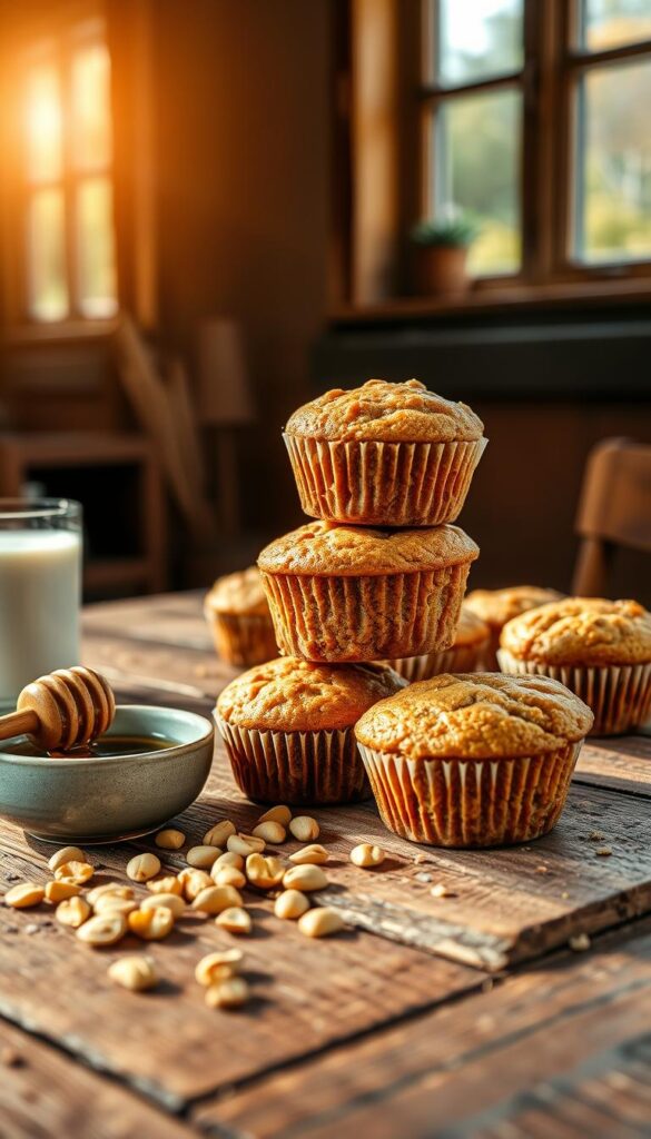 A stack of freshly baked peanut butter protein muffins resting on a rustic wooden table, sunlight streaming through a large window and casting a warm glow over the scene. The muffins are golden-brown on top, with visible flecks of peanut butter and a delicate crumb. Beside the muffins, a scattering of chopped peanuts, a small bowl of honey, and a glass of cold milk add to the wholesome, nourishing atmosphere. The camera is positioned at a slightly elevated angle, highlighting the inviting textures and colors of the healthy breakfast treats.
