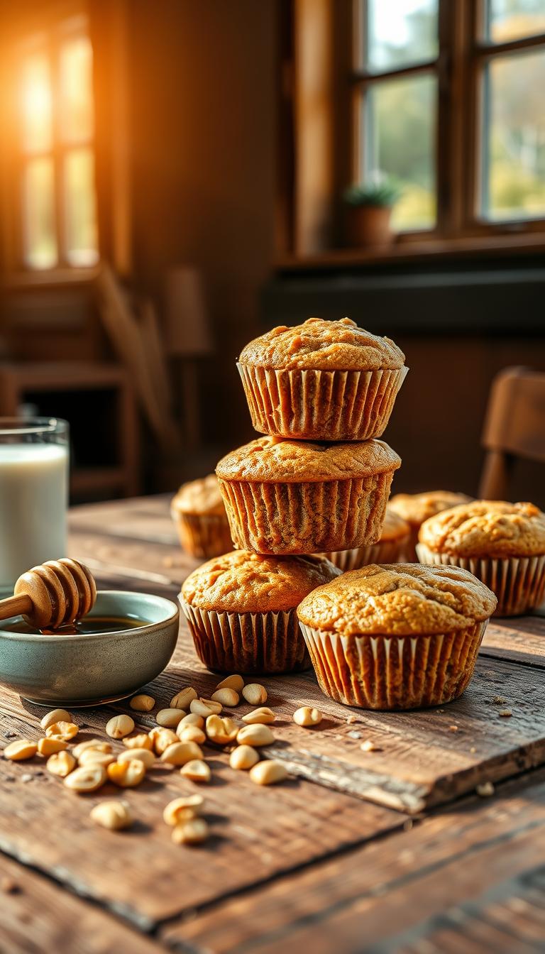 A stack of freshly baked peanut butter protein muffins resting on a rustic wooden table, sunlight streaming through a large window and casting a warm glow over the scene. The muffins are golden-brown on top, with visible flecks of peanut butter and a delicate crumb. Beside the muffins, a scattering of chopped peanuts, a small bowl of honey, and a glass of cold milk add to the wholesome, nourishing atmosphere. The camera is positioned at a slightly elevated angle, highlighting the inviting textures and colors of the healthy breakfast treats.