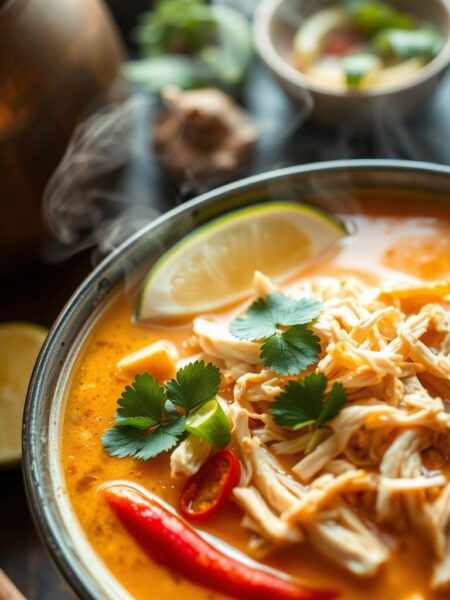 A steaming bowl of Thai coconut chicken soup, fragrant with lemongrass, galangal, and kaffir lime leaves. Tender shredded chicken nestled in a rich, creamy broth infused with coconut milk. Vibrant slices of red chili, cilantro, and fresh lime wedges add pops of color and contrast. The scene is softly lit, with a focus on the soup's enticing details. The background is hazy, suggesting a cozy, intimate setting, perhaps a Thai restaurant or home kitchen. The overall mood is comforting, aromatic, and authentically Thai.