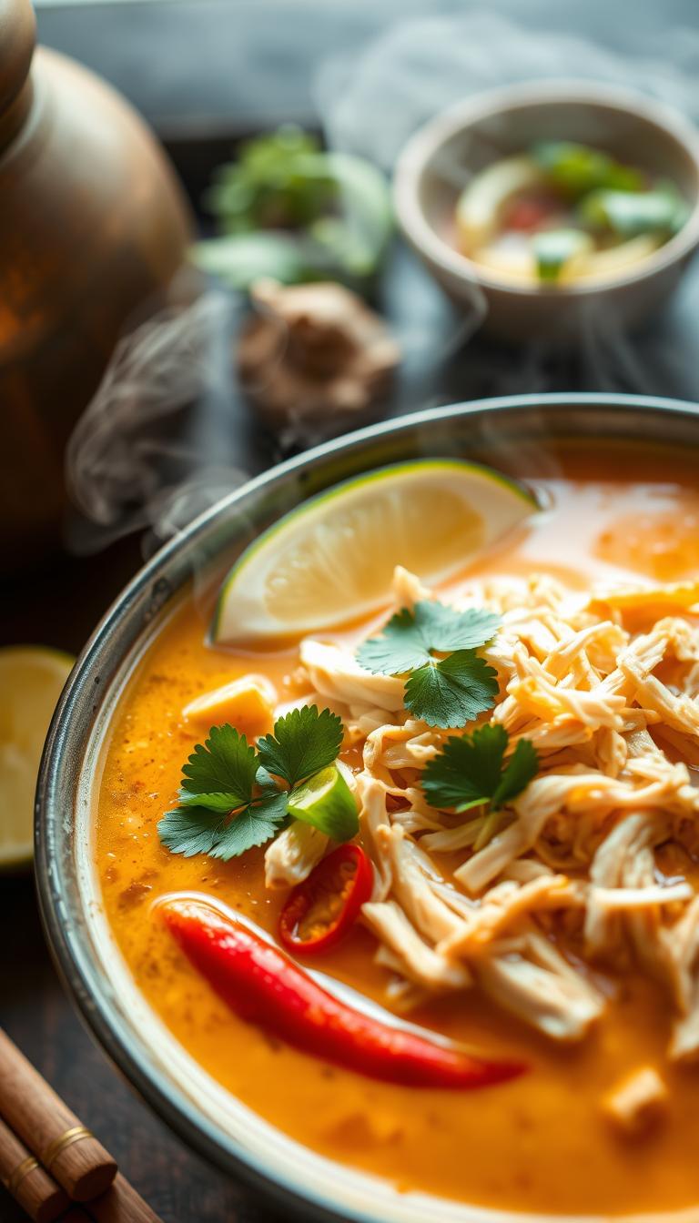 A steaming bowl of Thai coconut chicken soup, fragrant with lemongrass, galangal, and kaffir lime leaves. Tender shredded chicken nestled in a rich, creamy broth infused with coconut milk. Vibrant slices of red chili, cilantro, and fresh lime wedges add pops of color and contrast. The scene is softly lit, with a focus on the soup's enticing details. The background is hazy, suggesting a cozy, intimate setting, perhaps a Thai restaurant or home kitchen. The overall mood is comforting, aromatic, and authentically Thai.