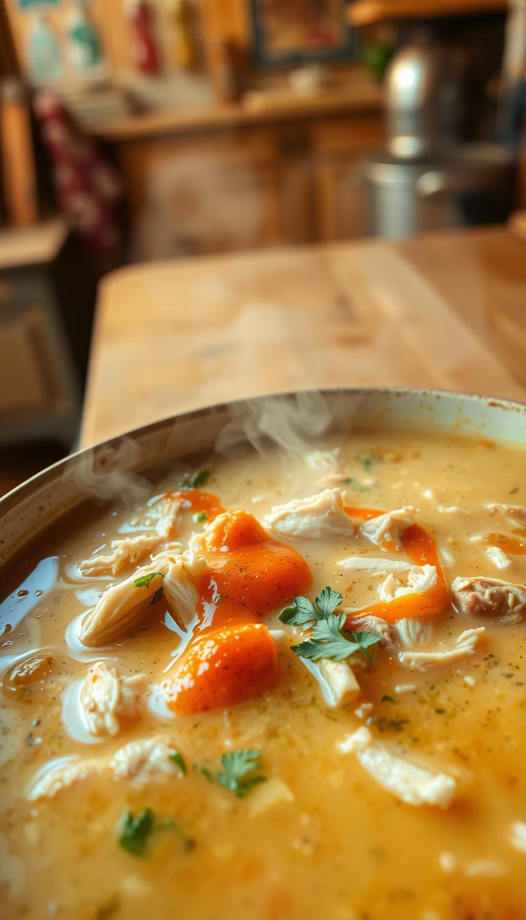 A steaming bowl of creamy, shredded chicken soup, simmered with aromatic herbs and spices. The foreground features the soup's rich, velvety texture, with shredded chicken and vegetables suspended in the golden broth. In the middle ground, a drizzle of tangy buffalo sauce swirls through the soup, adding a bold kick of flavor. The background is a warm, cozy kitchen scene, with the soft glow of a rustic wooden table and the subtle hues of a vintage countertop. The lighting is soft and diffused, creating a comforting, homey atmosphere. Captured with a wide-angle lens, the image showcases the hearty, satisfying nature of this buffalo-inspired shredded chicken soup.