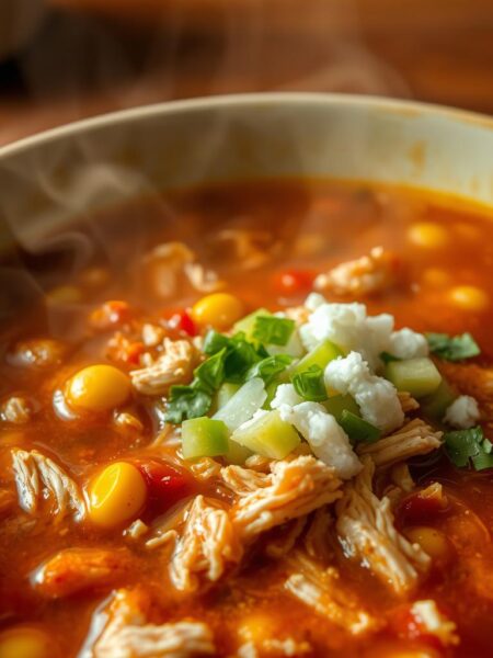 A steaming bowl of hearty chicken enchilada soup fills the frame. In the foreground, tender shredded chicken and corn kernels float in a rich, velvety broth infused with simmered tomatoes, onions, and aromatic spices. The middle ground showcases a medley of diced avocado, crumbled queso fresco, and a sprinkle of chopped cilantro, adding pops of color and texture. In the background, a warm, earthy ambiance is created by soft overhead lighting, casting gentle shadows and highlighting the comforting essence of this Mexican-inspired dish. The scene exudes a cozy, inviting atmosphere, perfectly capturing the essence of a comforting shredded chicken soup.