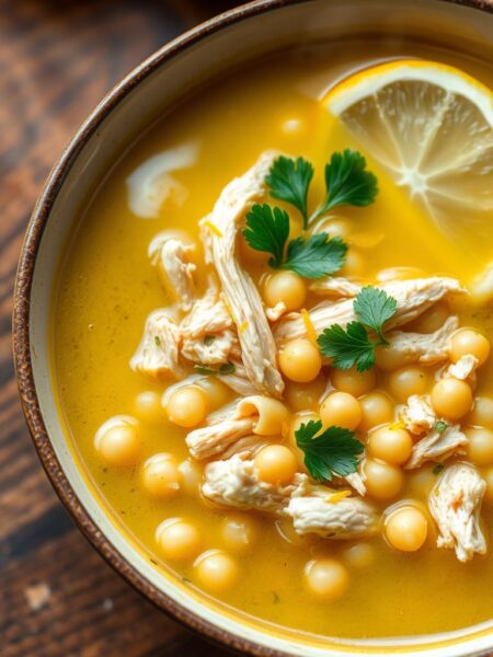 A steaming bowl of lemon chicken soup, the broth a bright, golden hue and glistening with aromatic lemon zest. Tender shredded chicken nestled among plump orzo pasta, accented by fresh parsley sprigs and a twist of lemon wedge. The scene is bathed in soft, natural lighting, lending a cozy, homemade feel. The soup's aroma fills the air, inviting the viewer to savor the comforting, nourishing dish. A wooden table or kitchen counter provides a rustic backdrop, complementing the simple, yet elegant presentation. This image captures the essence of a satisfying, lemon-infused chicken soup, perfect for a soothing and restorative meal.