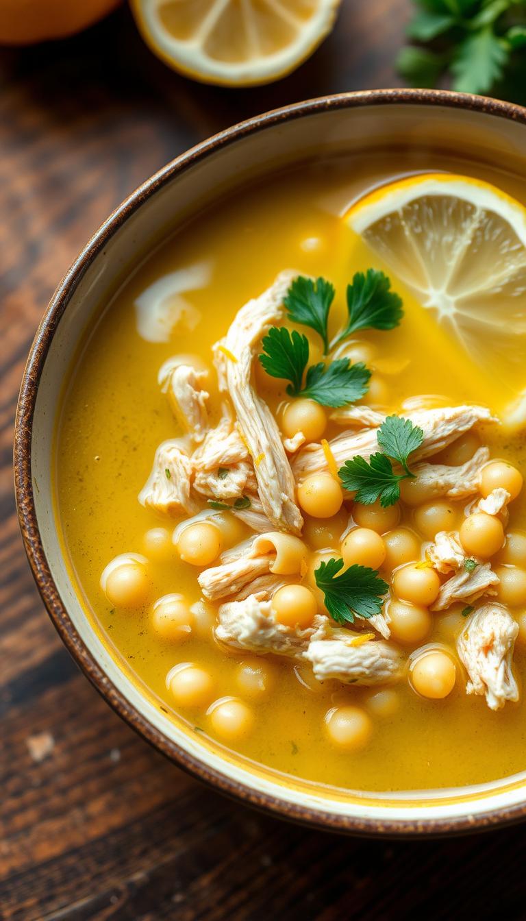 A steaming bowl of lemon chicken soup, the broth a bright, golden hue and glistening with aromatic lemon zest. Tender shredded chicken nestled among plump orzo pasta, accented by fresh parsley sprigs and a twist of lemon wedge. The scene is bathed in soft, natural lighting, lending a cozy, homemade feel. The soup's aroma fills the air, inviting the viewer to savor the comforting, nourishing dish. A wooden table or kitchen counter provides a rustic backdrop, complementing the simple, yet elegant presentation. This image captures the essence of a satisfying, lemon-infused chicken soup, perfect for a soothing and restorative meal.