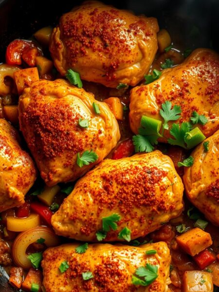 A steaming hot Cajun-style chicken skillet, sizzling in a cast-iron pan. The chicken thighs are coated in a vibrant blend of paprika, cayenne, garlic, and Creole seasoning, creating a tantalizing spicy crust. Diced bell peppers, onions, and celery add depth and texture, while a splash of white wine deglazes the pan, infusing the dish with rich, aromatic notes. The skillet is lit from above, casting a warm, golden glow and creating dramatic shadows that highlight the dish's rustic, homemade appeal. Freshly chopped parsley adds a pop of color and freshness, completing the mouthwatering scene.