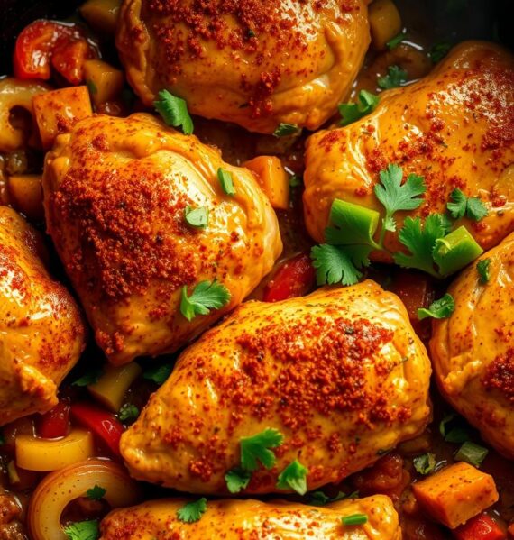 A steaming hot Cajun-style chicken skillet, sizzling in a cast-iron pan. The chicken thighs are coated in a vibrant blend of paprika, cayenne, garlic, and Creole seasoning, creating a tantalizing spicy crust. Diced bell peppers, onions, and celery add depth and texture, while a splash of white wine deglazes the pan, infusing the dish with rich, aromatic notes. The skillet is lit from above, casting a warm, golden glow and creating dramatic shadows that highlight the dish's rustic, homemade appeal. Freshly chopped parsley adds a pop of color and freshness, completing the mouthwatering scene.