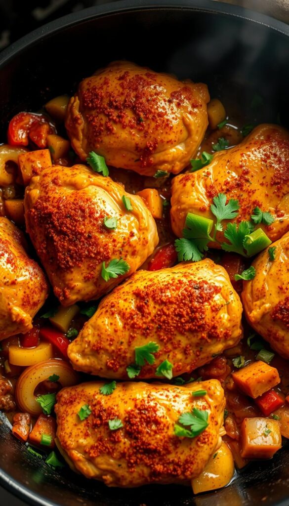 A steaming hot Cajun-style chicken skillet, sizzling in a cast-iron pan. The chicken thighs are coated in a vibrant blend of paprika, cayenne, garlic, and Creole seasoning, creating a tantalizing spicy crust. Diced bell peppers, onions, and celery add depth and texture, while a splash of white wine deglazes the pan, infusing the dish with rich, aromatic notes. The skillet is lit from above, casting a warm, golden glow and creating dramatic shadows that highlight the dish's rustic, homemade appeal. Freshly chopped parsley adds a pop of color and freshness, completing the mouthwatering scene.