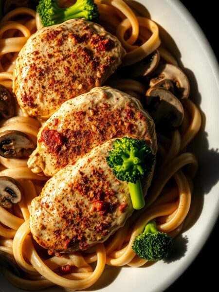A steaming plate of Cajun Chicken Alfredo, with juicy, spice-rubbed chicken breasts nestled in a rich, creamy garlic-infused sauce. Vibrant green broccoli florets and sliced mushrooms add pops of color and texture, while a dusting of cayenne pepper lends a subtle heat. The fettuccine noodles are perfectly al dente, twirling around the succulent chicken. Dramatic side lighting casts dramatic shadows, highlighting the dish's tempting details. The overall scene exudes a cozy, indulgent atmosphere, inviting the viewer to dive into this delectable Cajun twist on a classic Chicken Alfredo.