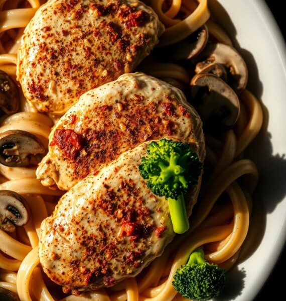 A steaming plate of Cajun Chicken Alfredo, with juicy, spice-rubbed chicken breasts nestled in a rich, creamy garlic-infused sauce. Vibrant green broccoli florets and sliced mushrooms add pops of color and texture, while a dusting of cayenne pepper lends a subtle heat. The fettuccine noodles are perfectly al dente, twirling around the succulent chicken. Dramatic side lighting casts dramatic shadows, highlighting the dish's tempting details. The overall scene exudes a cozy, indulgent atmosphere, inviting the viewer to dive into this delectable Cajun twist on a classic Chicken Alfredo.