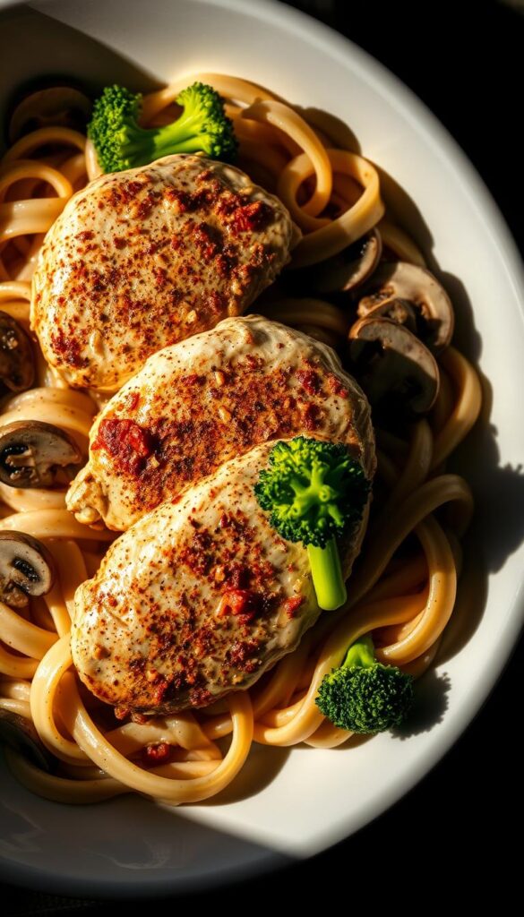 A steaming plate of Cajun Chicken Alfredo, with juicy, spice-rubbed chicken breasts nestled in a rich, creamy garlic-infused sauce. Vibrant green broccoli florets and sliced mushrooms add pops of color and texture, while a dusting of cayenne pepper lends a subtle heat. The fettuccine noodles are perfectly al dente, twirling around the succulent chicken. Dramatic side lighting casts dramatic shadows, highlighting the dish's tempting details. The overall scene exudes a cozy, indulgent atmosphere, inviting the viewer to dive into this delectable Cajun twist on a classic Chicken Alfredo.