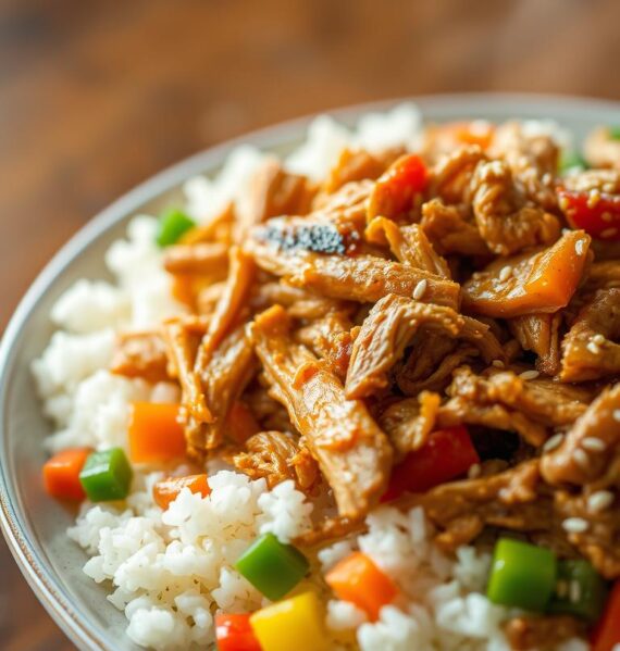 A steaming plate of chicken fried rice, with tender shredded chicken in a savory soy and garlic sauce, nestled among fluffy white rice, colorful diced vegetables, and a scatter of sesame seeds. The scene is captured in a warm, natural lighting, with a shallow depth of field that focuses the viewer's attention on the delectable dish. The image has a mouthwatering, appetizing quality, inviting the viewer to imagine the satisfying textures and flavors of this simple yet flavorful meal.