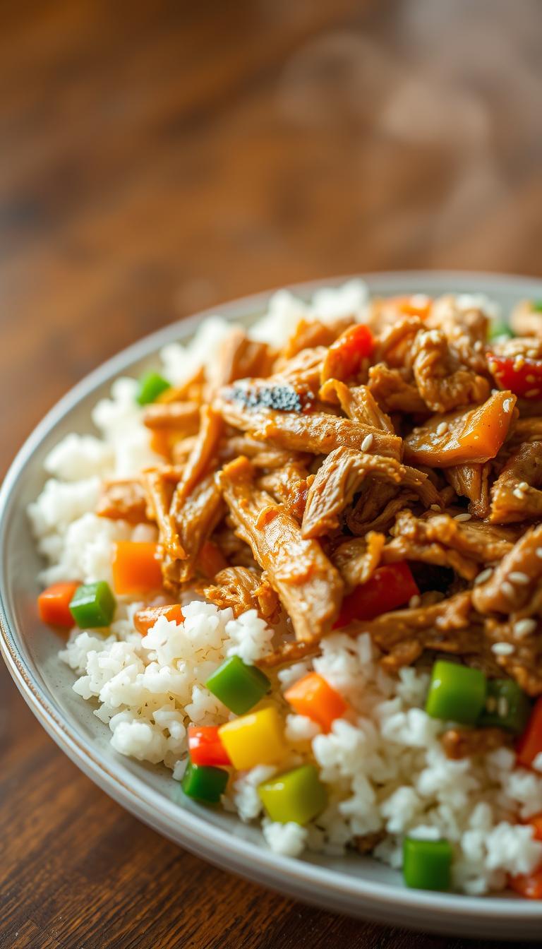 A steaming plate of chicken fried rice, with tender shredded chicken in a savory soy and garlic sauce, nestled among fluffy white rice, colorful diced vegetables, and a scatter of sesame seeds. The scene is captured in a warm, natural lighting, with a shallow depth of field that focuses the viewer's attention on the delectable dish. The image has a mouthwatering, appetizing quality, inviting the viewer to imagine the satisfying textures and flavors of this simple yet flavorful meal.