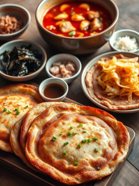 A still life of traditional Korean breakfast dishes, arranged on a rustic wooden table with natural lighting. In the foreground, several savory pajeon pancakes, golden-brown and crispy, topped with scallions and served with a small dish of dipping sauce. In the middle ground, a steaming bowl of hearty kimchi stew, its rich red broth and chunks of pork and cabbage. In the background, a selection of banchan side dishes, including pickled radish, sautéed spinach, and tiny fermented shrimp. The scene is infused with an earthy, comforting atmosphere, conveying the warmth and depth of Korean culinary tradition.