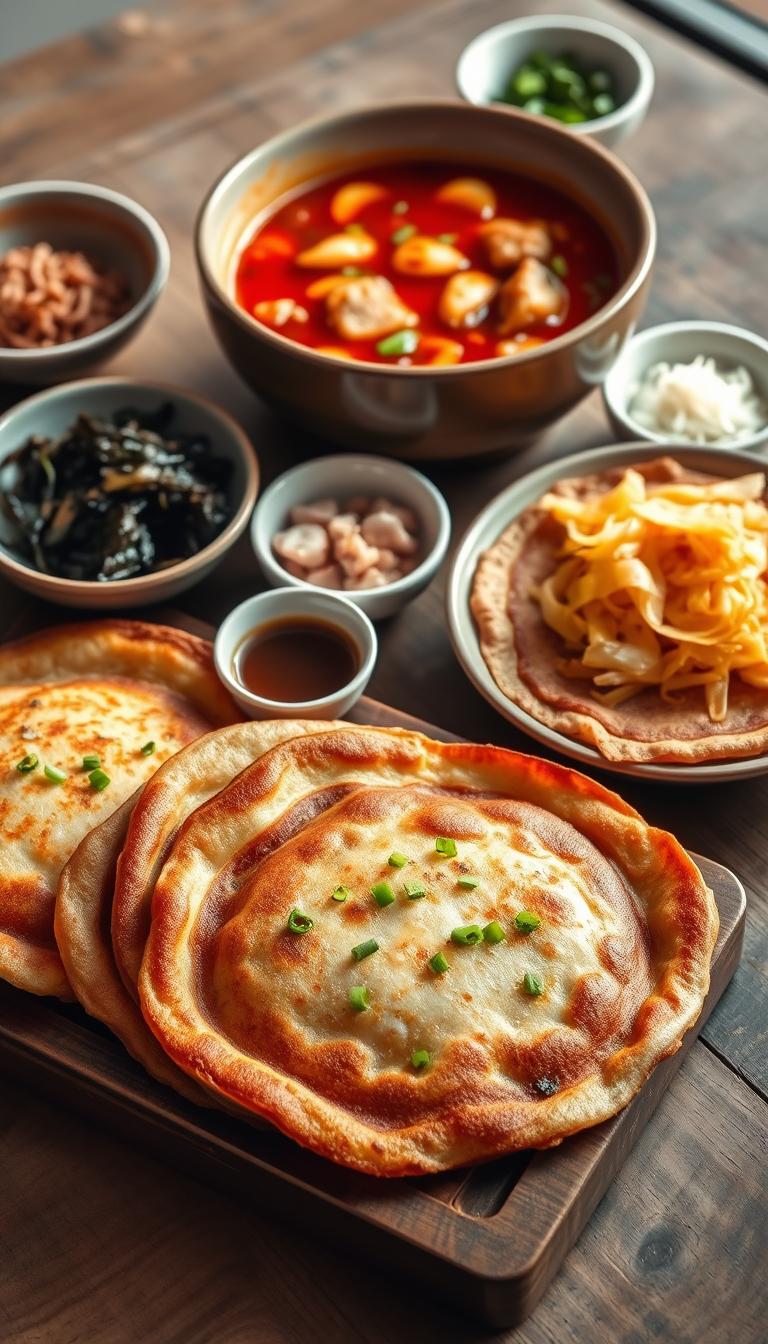A still life of traditional Korean breakfast dishes, arranged on a rustic wooden table with natural lighting. In the foreground, several savory pajeon pancakes, golden-brown and crispy, topped with scallions and served with a small dish of dipping sauce. In the middle ground, a steaming bowl of hearty kimchi stew, its rich red broth and chunks of pork and cabbage. In the background, a selection of banchan side dishes, including pickled radish, sautéed spinach, and tiny fermented shrimp. The scene is infused with an earthy, comforting atmosphere, conveying the warmth and depth of Korean culinary tradition.