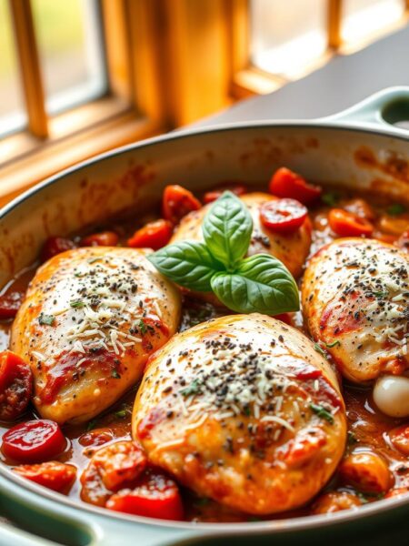 A succulent and creamy Tuscan-style chicken dish, featuring juicy boneless, skinless chicken breasts simmered in a rich sauce infused with sun-dried tomatoes, garlic, Italian herbs, and a touch of heavy cream. Presented in a stylish ceramic dish, the chicken is garnished with fresh basil leaves, grated Parmesan cheese, and a sprinkle of cracked black pepper. Bathed in warm, natural lighting from a large window, the image captures the enticing aroma and mouthwatering texture of this hearty and comforting meal, perfect for a quick and satisfying weeknight dinner.