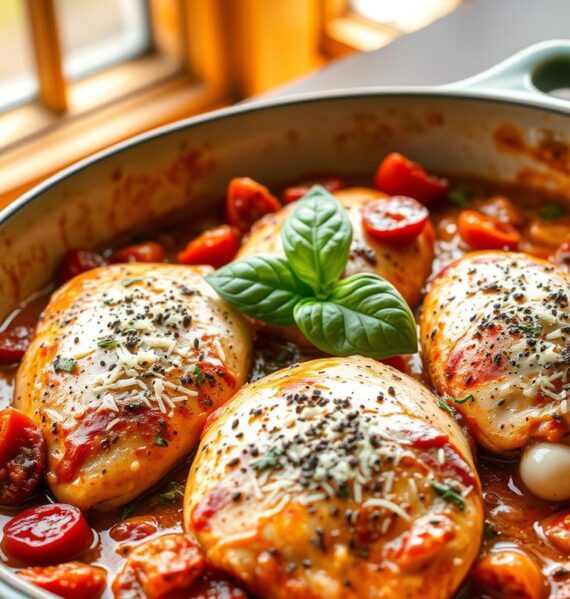 A succulent and creamy Tuscan-style chicken dish, featuring juicy boneless, skinless chicken breasts simmered in a rich sauce infused with sun-dried tomatoes, garlic, Italian herbs, and a touch of heavy cream. Presented in a stylish ceramic dish, the chicken is garnished with fresh basil leaves, grated Parmesan cheese, and a sprinkle of cracked black pepper. Bathed in warm, natural lighting from a large window, the image captures the enticing aroma and mouthwatering texture of this hearty and comforting meal, perfect for a quick and satisfying weeknight dinner.