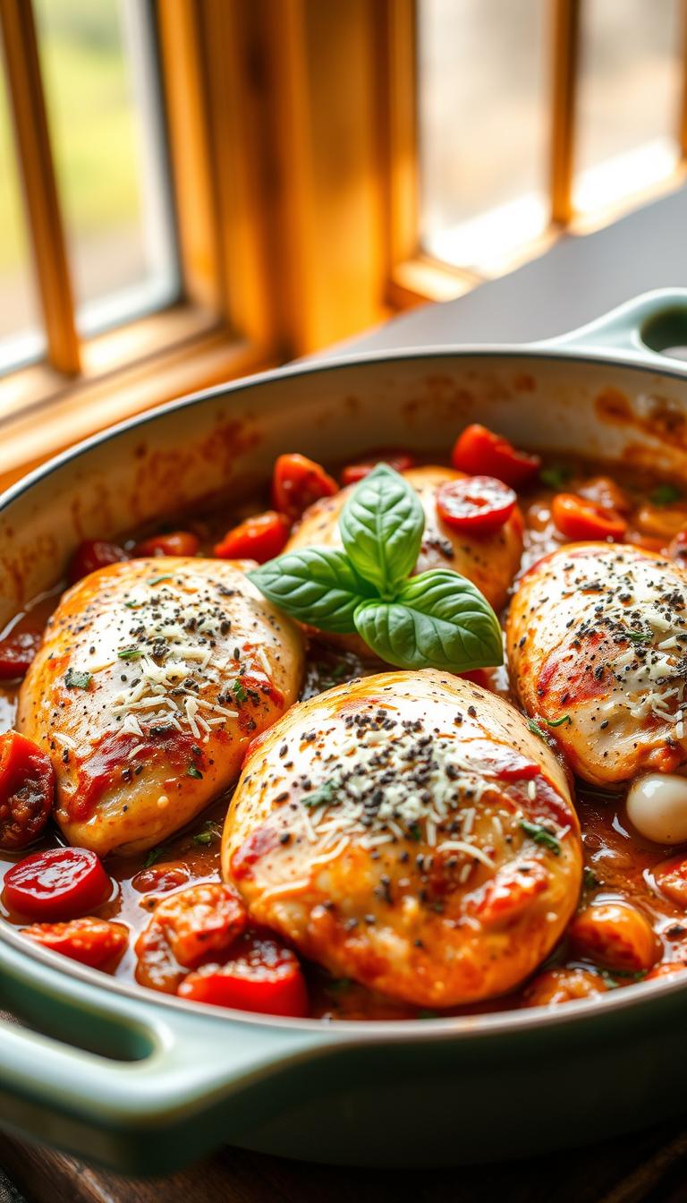 A succulent and creamy Tuscan-style chicken dish, featuring juicy boneless, skinless chicken breasts simmered in a rich sauce infused with sun-dried tomatoes, garlic, Italian herbs, and a touch of heavy cream. Presented in a stylish ceramic dish, the chicken is garnished with fresh basil leaves, grated Parmesan cheese, and a sprinkle of cracked black pepper. Bathed in warm, natural lighting from a large window, the image captures the enticing aroma and mouthwatering texture of this hearty and comforting meal, perfect for a quick and satisfying weeknight dinner.