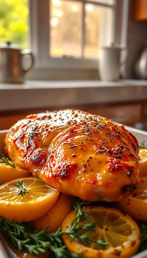 A succulent baked chicken breast glistens with a vibrant lemon-herb marinade, resting atop a bed of roasted lemon slices and fresh thyme sprigs. Warm, golden light filters through the kitchen window, casting a cozy, homey ambiance. The chicken's crisp, slightly charred exterior gives way to juicy, flavorful meat infused with the zesty aroma of lemon and the earthy, fragrant notes of herbs. A sprinkling of freshly cracked black pepper and a subtle hint of garlic add depth to the dish, creating a visually appealing and mouthwatering scene.
