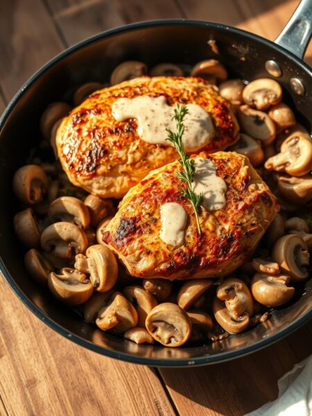 A succulent chicken and mushroom skillet sizzling on a rustic wooden table, bathed in warm, golden light. The chicken, perfectly seared, rests atop a medley of sliced mushrooms, onions, and garlic, infusing the air with savory aromas. Sprigs of fresh thyme and a drizzle of creamy sauce add depth and complexity to the dish. The skillet casts a soft, inviting glow, drawing the viewer in for a hearty, comforting meal. Captured from a slightly elevated angle, the scene exudes a cozy, homemade atmosphere, suitable for a satisfying weeknight dinner.