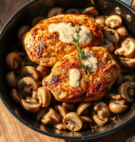 A succulent chicken and mushroom skillet sizzling on a rustic wooden table, bathed in warm, golden light. The chicken, perfectly seared, rests atop a medley of sliced mushrooms, onions, and garlic, infusing the air with savory aromas. Sprigs of fresh thyme and a drizzle of creamy sauce add depth and complexity to the dish. The skillet casts a soft, inviting glow, drawing the viewer in for a hearty, comforting meal. Captured from a slightly elevated angle, the scene exudes a cozy, homemade atmosphere, suitable for a satisfying weeknight dinner.