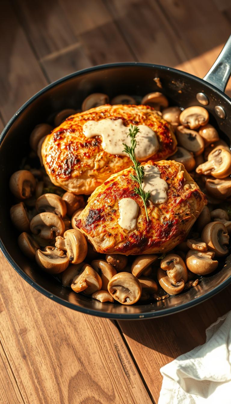 A succulent chicken and mushroom skillet sizzling on a rustic wooden table, bathed in warm, golden light. The chicken, perfectly seared, rests atop a medley of sliced mushrooms, onions, and garlic, infusing the air with savory aromas. Sprigs of fresh thyme and a drizzle of creamy sauce add depth and complexity to the dish. The skillet casts a soft, inviting glow, drawing the viewer in for a hearty, comforting meal. Captured from a slightly elevated angle, the scene exudes a cozy, homemade atmosphere, suitable for a satisfying weeknight dinner.