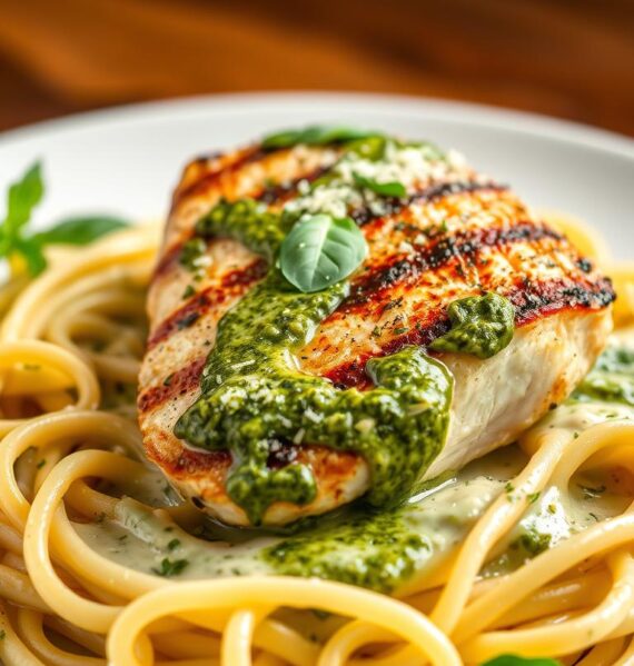 A succulent chicken breast, perfectly grilled and bathed in a rich, creamy pesto alfredo sauce, sits atop a bed of al dente fettuccine noodles. Glistening green pesto swirls through the silky sauce, accented by the occasional pop of vibrant basil leaves. The dish is presented on a white ceramic plate, the lighting casting a warm, golden glow that highlights the dish's mouthwatering textures and colors. A sprinkling of freshly grated parmesan cheese and a sprinkle of chopped parsley add the final touches to this visually stunning and appetite-whetting Pesto Chicken Alfredo.