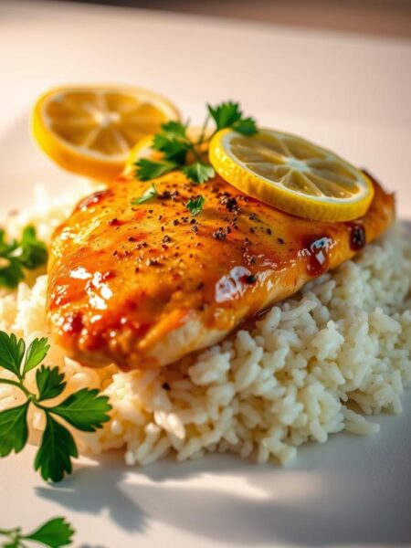 A succulent, golden-brown chicken breast, glistening with a zesty lemon-pepper glaze, resting atop a bed of fluffy white rice. The chicken is garnished with vibrant lemon slices, fresh parsley sprigs, and a sprinkle of cracked black pepper, creating a visually appealing and mouthwatering dish. The scene is illuminated by warm, directional lighting, casting subtle shadows and highlights that accentuate the textures and colors. The backdrop is a clean, minimalist kitchen counter, allowing the dish to be the focal point. The overall atmosphere conveys a simple, yet elevated, home-cooked meal, perfect for a quick and delicious weeknight dinner.