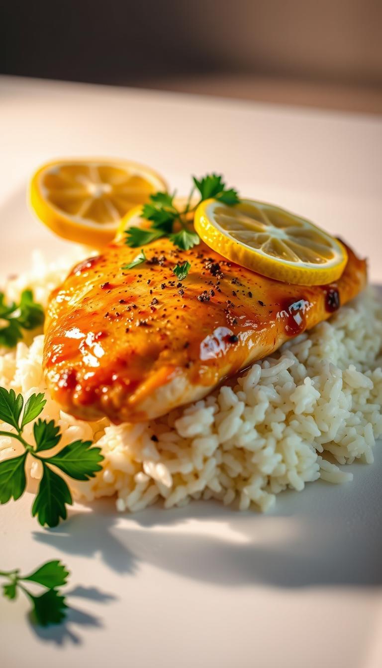 A succulent, golden-brown chicken breast, glistening with a zesty lemon-pepper glaze, resting atop a bed of fluffy white rice. The chicken is garnished with vibrant lemon slices, fresh parsley sprigs, and a sprinkle of cracked black pepper, creating a visually appealing and mouthwatering dish. The scene is illuminated by warm, directional lighting, casting subtle shadows and highlights that accentuate the textures and colors. The backdrop is a clean, minimalist kitchen counter, allowing the dish to be the focal point. The overall atmosphere conveys a simple, yet elevated, home-cooked meal, perfect for a quick and delicious weeknight dinner.