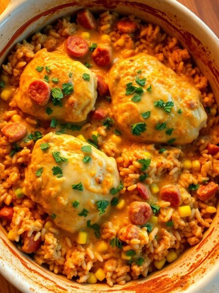 A sumptuous Southwest Chicken and Rice Casserole nestled in a deep, rustic baking dish. Tender chicken thighs in a creamy, spice-infused sauce, blended with fragrant cilantro, sweet corn, and simmered rice. The casserole is topped with a golden-brown cheese crust, creating a comforting and visually appealing dish. Warm lighting from the oven casts a cozy glow, while the dish is positioned on a wooden table, evoking a homemade, homely atmosphere. The overall scene exudes a welcoming, hearty, and appetizing vibe, perfect for a comforting family meal.