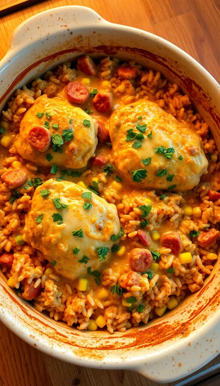 A sumptuous Southwest Chicken and Rice Casserole nestled in a deep, rustic baking dish. Tender chicken thighs in a creamy, spice-infused sauce, blended with fragrant cilantro, sweet corn, and simmered rice. The casserole is topped with a golden-brown cheese crust, creating a comforting and visually appealing dish. Warm lighting from the oven casts a cozy glow, while the dish is positioned on a wooden table, evoking a homemade, homely atmosphere. The overall scene exudes a welcoming, hearty, and appetizing vibe, perfect for a comforting family meal.