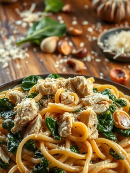 A sumptuous, creamy spinach and chicken pasta dish, captured in a warm, inviting light. In the foreground, thick, silky fettuccine noodles are coated in a luscious, velvety sauce, flecked with tender shredded chicken and vibrant green spinach leaves. The midground features roasted garlic cloves, sautéed onions, and artichoke hearts, adding depth of flavor. The background showcases a rustic wooden table, with a sprinkle of Parmesan cheese and a drizzle of olive oil, creating an air of homemade comfort. The entire scene is bathed in a soft, golden glow, evoking the coziness of a family kitchen.