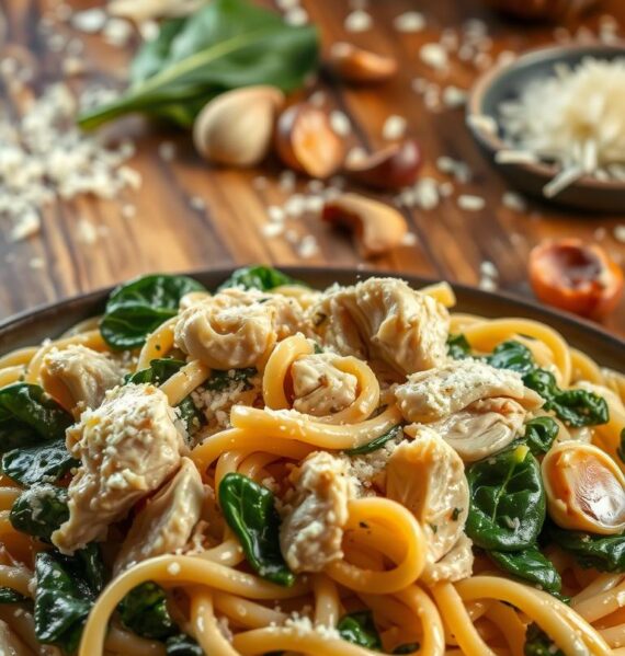 A sumptuous, creamy spinach and chicken pasta dish, captured in a warm, inviting light. In the foreground, thick, silky fettuccine noodles are coated in a luscious, velvety sauce, flecked with tender shredded chicken and vibrant green spinach leaves. The midground features roasted garlic cloves, sautéed onions, and artichoke hearts, adding depth of flavor. The background showcases a rustic wooden table, with a sprinkle of Parmesan cheese and a drizzle of olive oil, creating an air of homemade comfort. The entire scene is bathed in a soft, golden glow, evoking the coziness of a family kitchen.
