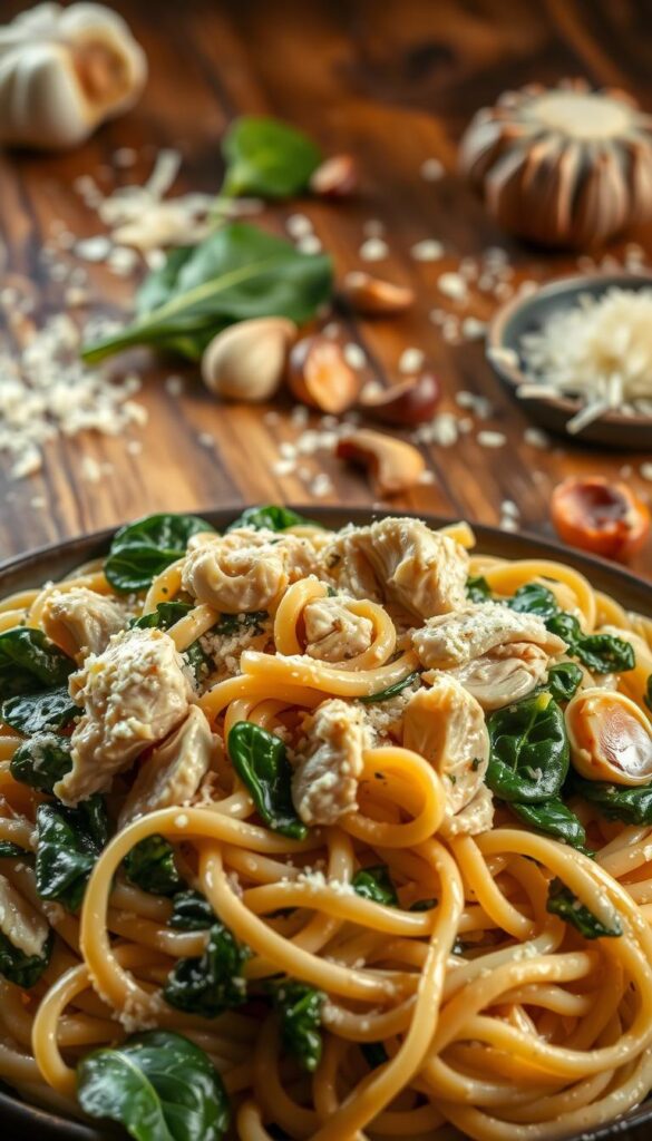 A sumptuous, creamy spinach and chicken pasta dish, captured in a warm, inviting light. In the foreground, thick, silky fettuccine noodles are coated in a luscious, velvety sauce, flecked with tender shredded chicken and vibrant green spinach leaves. The midground features roasted garlic cloves, sautéed onions, and artichoke hearts, adding depth of flavor. The background showcases a rustic wooden table, with a sprinkle of Parmesan cheese and a drizzle of olive oil, creating an air of homemade comfort. The entire scene is bathed in a soft, golden glow, evoking the coziness of a family kitchen. A sumptuous, creamy spinach and chicken pasta dish, captured in a warm, inviting light. In the foreground, thick, silky fettuccine noodles are coated in a luscious, velvety sauce, flecked with tender shredded chicken and vibrant green spinach leaves. The midground features roasted garlic cloves, sautéed onions, and artichoke hearts, adding depth of flavor. The background showcases a rustic wooden table, with a sprinkle of Parmesan cheese and a drizzle of olive oil, creating an air of homemade comfort. The entire scene is bathed in a soft, golden glow, evoking the coziness of a family kitchen.