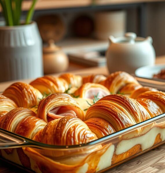 A sumptuous ham and cheese croissant bake, freshly baked and glistening in a well-lit kitchen. The flaky, golden-brown croissant dough surrounds melted Swiss cheese and savory slices of ham, creating a mouthwatering centerpiece. The casserole dish is placed on a wooden table, surrounded by a natural, earthy backdrop of plants and rustic decor. Warm, soft lighting casts a cozy, inviting atmosphere, while a shallow depth of field highlights the delectable details of the dish. The scene evokes a welcoming, weekend brunch setting, where this delightful casserole takes center stage.